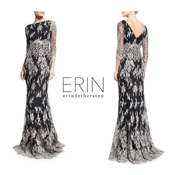 Erin Erin Fetherston Womens Lace 3/4 Sleeves Evening Dress Black